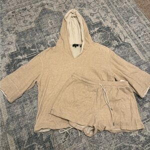 Theory Beige Hooded Loungewear Top and Shorts Set